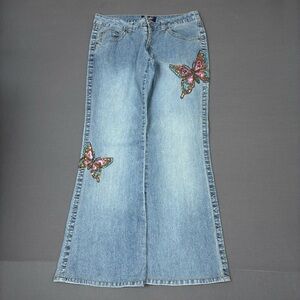 Y2K Angels Flared Medium Stone Wash Butterfly Women’s Denim Jeans Size 31x29